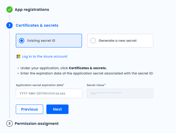 Screenshot of Azure Certificates & Secrets step for commitments